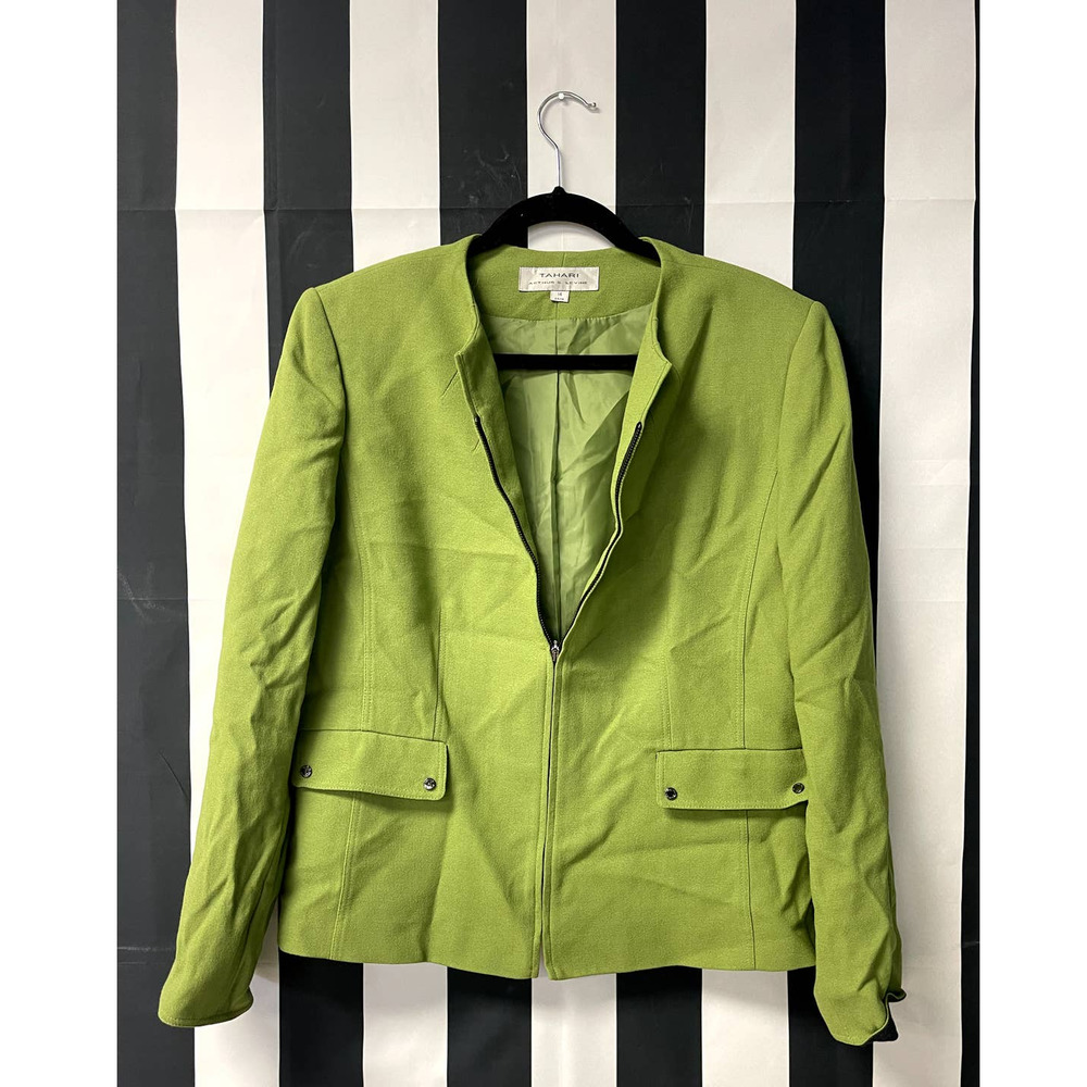 TAHARI ARTHUR S LEVINE Collarless Zip Up Crepe Blazer Matcha Green Size 14